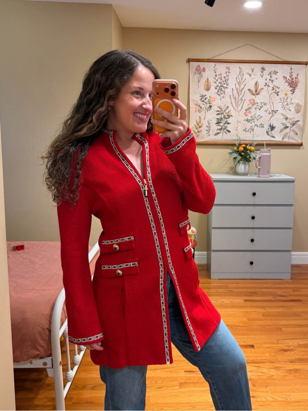 St. John Vintage Red Knit Long Blazer with Contrast Trim 12